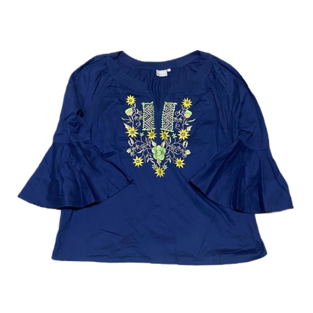 Eshakti eshakti Women’s Bell Sleeve Navy Blue Embroidered  Blouse Top Sz 2xl